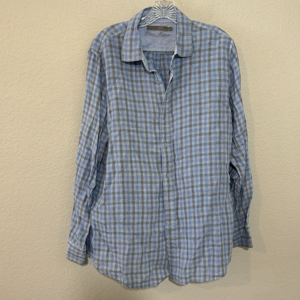 Raffi‎ Mens Linen Check Button Down Shirt Size L Blue Long Sleeve Collar